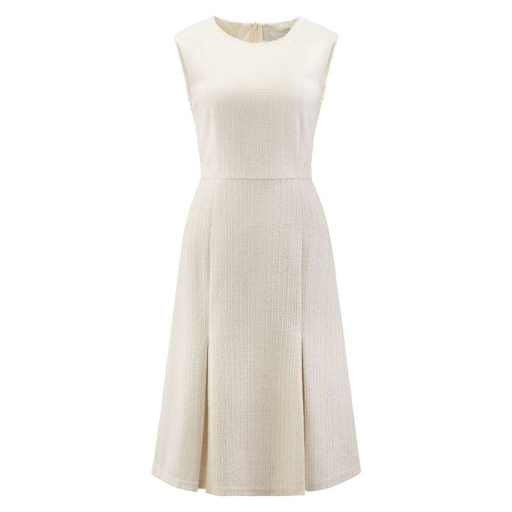 Tweed Knee Length A-Line Sleeveless Work Dress Beige White